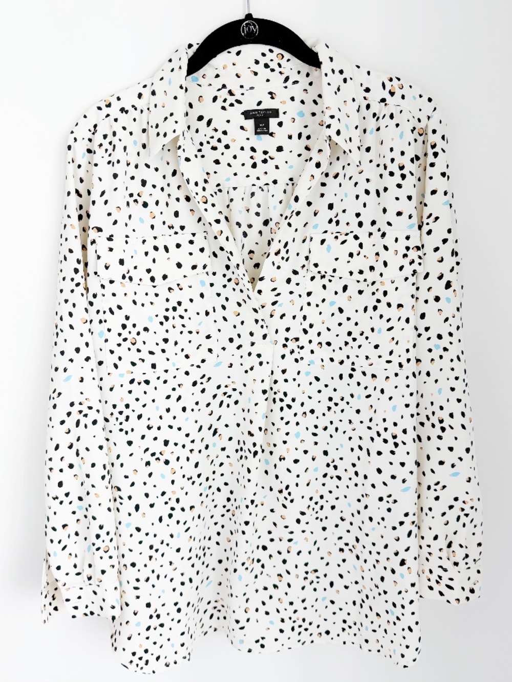 Ann Taylor Petite XLP Blouse White Black Spotted Animal Print Long Sleeve Top